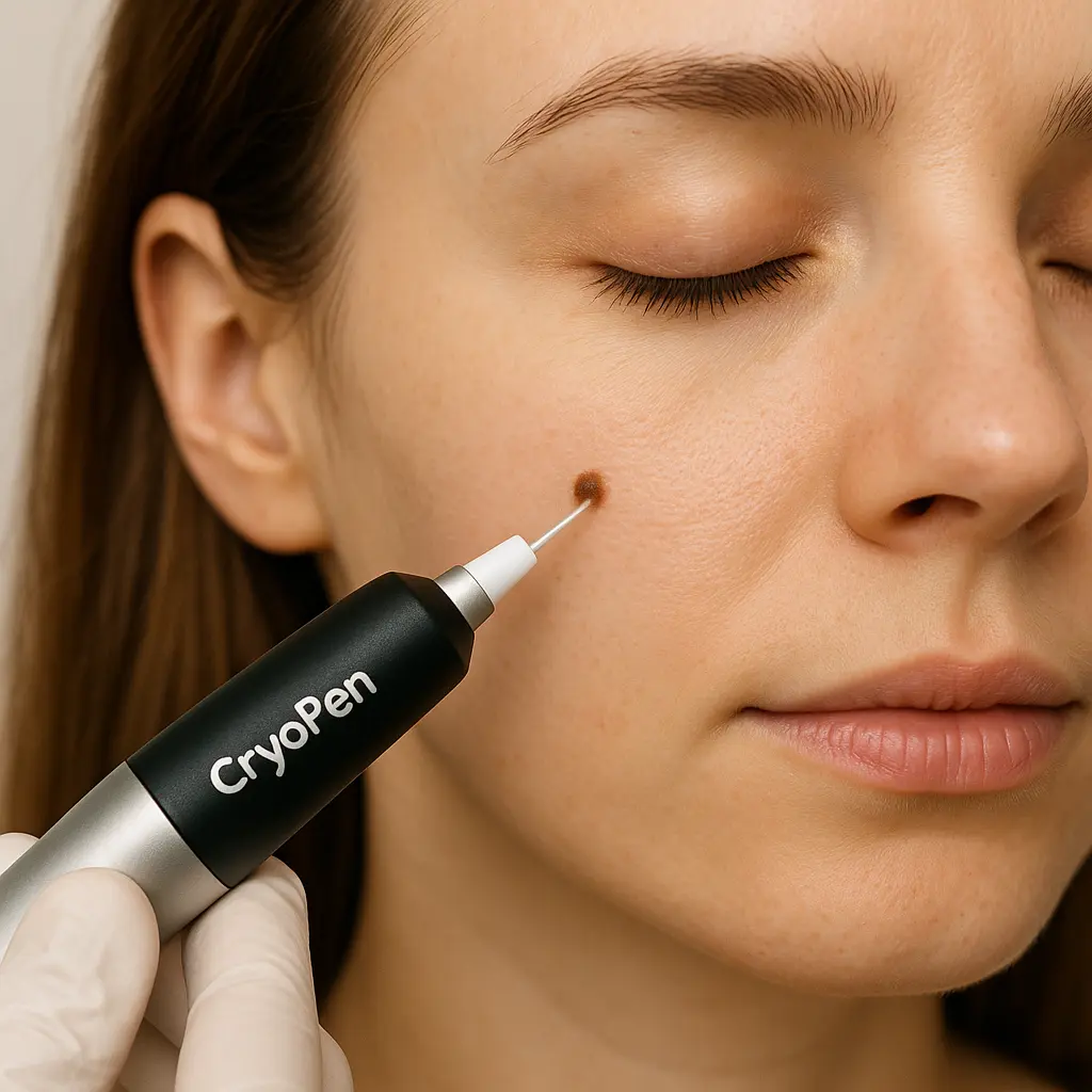 woman receiving facial mole removal Greater London (Westminster) using cryopen