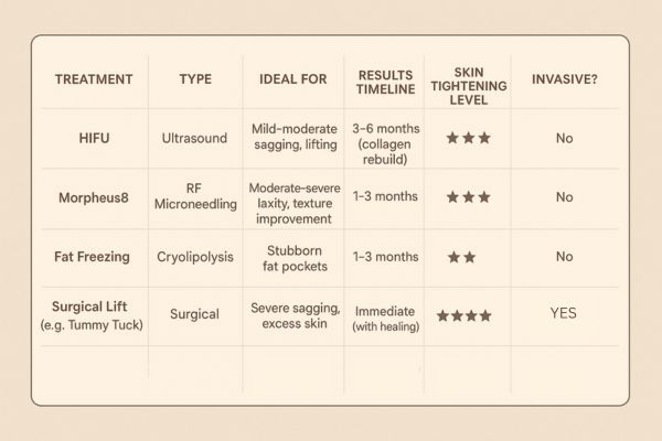 Table showing the comparisons of Skin tightening Greater London (Westminster) treatment options.
